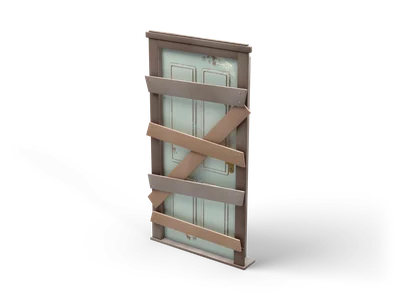 Pale mint panelled door in a dark wooden frame with brown and grey boards nailed across it at angles