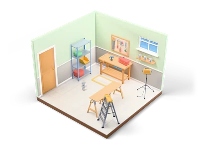 Isometric basement workshop with wooden workbench, pegboard tool wall, blue shelf, sawhorses with plank and step ladder