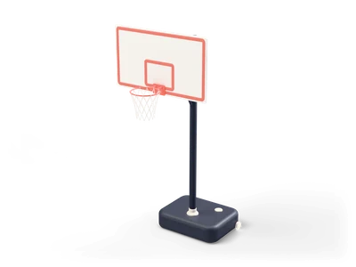 Free-standing basketball hoop with white backboard, coral rim and net on a dark pole and weighted base