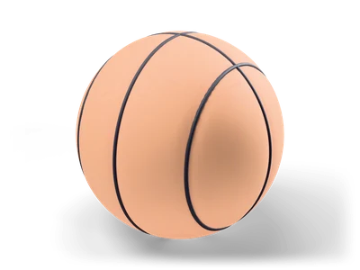 Stylized peach-orange basketball with dark recessed seam lines resting on a white floor