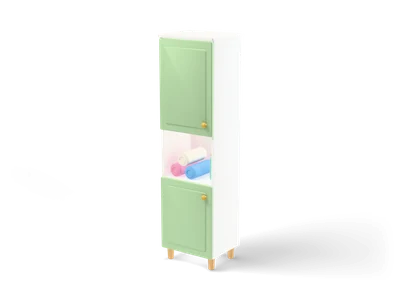Tall white bathroom cabinet with two sage green doors and an open shelf with rolled towels