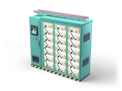 Teal battery rack with rows of white modules with yellow handles and a control cabinet with a glowing chart screen