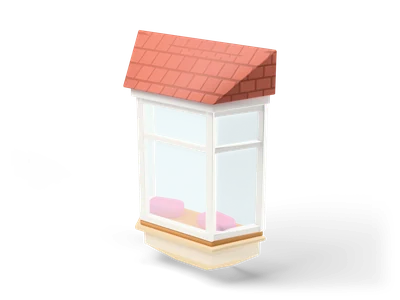 Angled bay window with white frames, pink cushions on a wooden seat and a small coral tiled roof