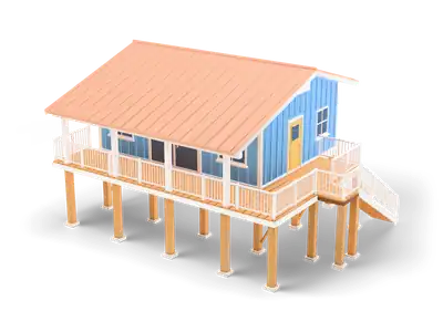 Blue beach house on wooden stilts with coral roof, wraparound deck, white railings and outdoor stairs