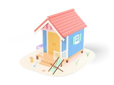 Small sky blue beach hut with coral roof, pink striped gable, yellow double doors, surfboard and striped deck chair on sand