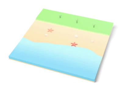 Square terrain tile with green grass at the back, a light sand beach with two starfish and turquoise water in front