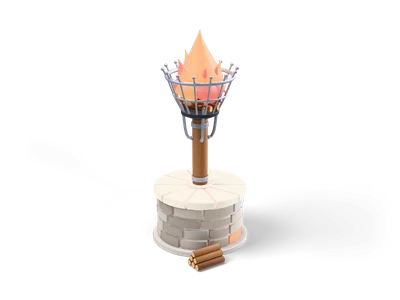 Iron fire basket with a stylized orange flame on a wooden post rising from a round stone plinth