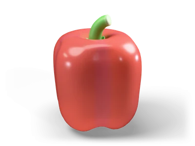 Stylized glossy red bell pepper with a curved green stem