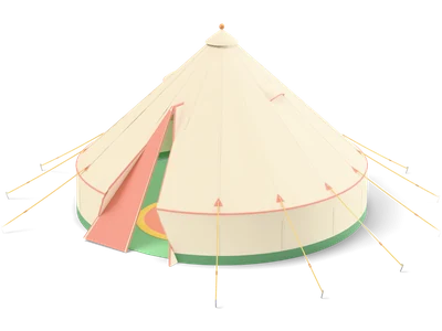 Cream canvas bell tent with conical roof, coral piped A-frame door folded open and many mustard guylines