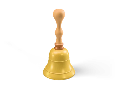 Golden brass hand bell with a copper collar and a turned light wooden handle