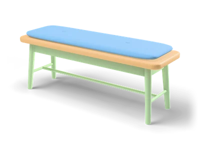 Wooden dining bench with an oak seat on sage green legs and a long light blue cushion