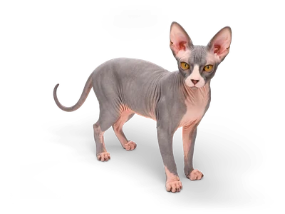 Realistische zweifarbige Sphynx-Katze mit grauem Rücken und Kopf, rosa Brust und Pfoten, weißer Schnauze und bernsteinfarbenen Augen, Kopf zur Seite gedreht