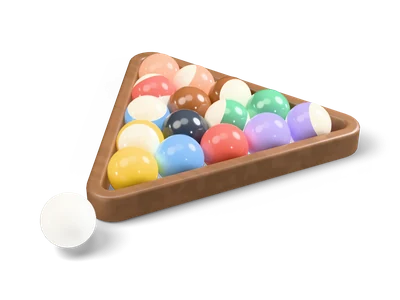 Bolas de billar lisas y rayadas de colores dentro de un triángulo de madera marrón con una bola blanca delante