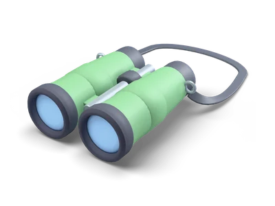 Green binoculars lying flat with light blue lenses, black eyecups and a black strap curled behind them