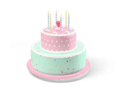 Two-tier birthday cake in mint and pink with white piped borders, six striped candles and a strawberry