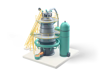 Grey and teal blast furnace with a yellow inclined skip lift, yellow railed platforms and glowing orange iron in a ladle