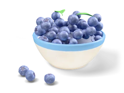 Stylized cream bowl with a blue rim full of blueberries, two leaves on top and three berries in front