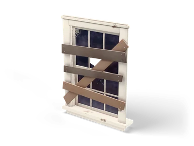 Cream window frame with dark dusty panes, crossed by brown wooden boards nailed on with a cobweb in the corner