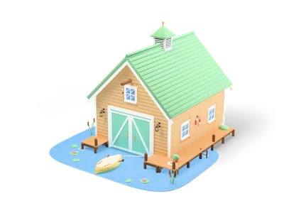 Wooden boathouse with green roof and turret, mint double gate, side jetty and yellow rowing boat on blue water