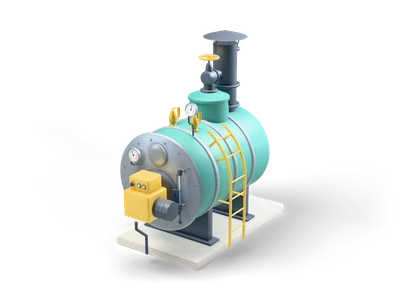 Teal horizontal steam boiler with a grey front plate, yellow burner box, gauges, brass valves and a dark flue pipe