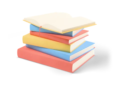 Stack of five pastel hardcover books in coral, blue and yellow with an open book lying on top