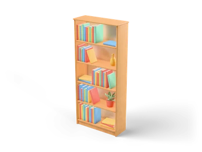 Tall honey wood bookshelf with five compartments of colourful books, a small potted plant and a ceramic vase