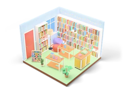 Isometric bookstore interior with white bookshelves, display tables with propped books, mustard counter, bean bags and sage carpet