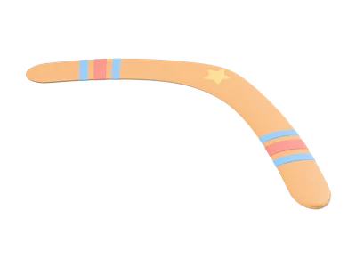 Stylized honey wood boomerang lying flat with sky blue and coral bands on both arms and a small yellow star at the bend