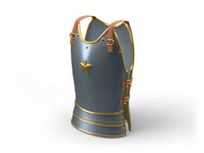Stylized steel breastplate standing upright with rolled brass edges, a brass star on the chest and leather shoulder and side straps with brass buckles