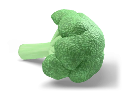 Stylized broccoli lying on its side with a pale green stalk and bumpy dark green florets