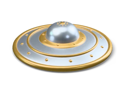 Small round steel buckler lying flat with a domed steel boss, brass sun disc on top, rolled brass rim and a brass ring