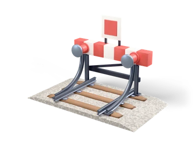 Buffer stop of bent rails with a red and white beam and two red buffers on a short gravel track