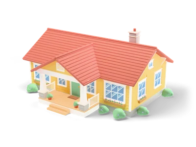 Butter-yellow single-storey bungalow with coral roof, white-columned front porch, flower boxes and mint front door