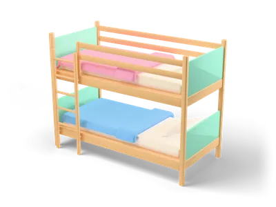 Wooden bunk bed with mint green end panels, a ladder at the front and blue and pink bedding