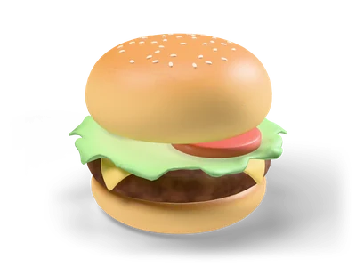 Stylized cheeseburger with sesame bun, lettuce, tomato, melted cheese and a textured beef patty