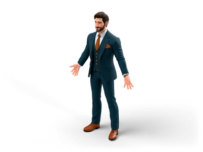 Stylized bearded businessman in a navy pinstripe three-piece suit with orange tie and tan shoes, in A-pose