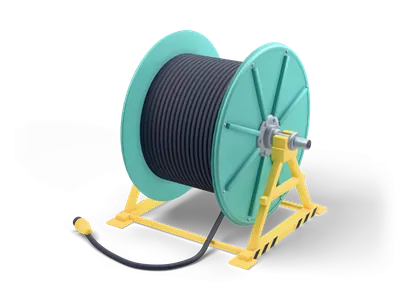 Teal steel cable drum with dark wound cable on a yellow A frame stand with a yellow plug on the floor