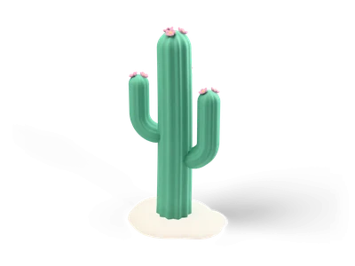 Stilisierter grüner Saguaro-Kaktus mit drei nach oben gebogenen Armen und rosa Blüten an den Spitzen auf Sand