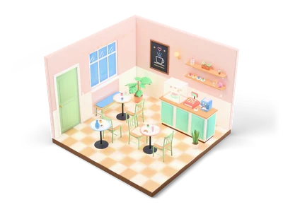 Isometric cafe interior with mint counter, glass cake display, espresso machine, chalkboard, bistro tables and checkered floor