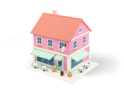 Pink corner café with coral roof, mint striped awnings, terrace with bistro tables and cup sign