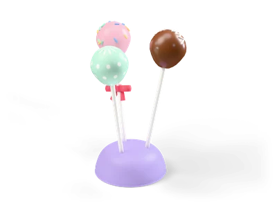 Three cake pops in pink, chocolate and mint on white sticks in a lavender stand