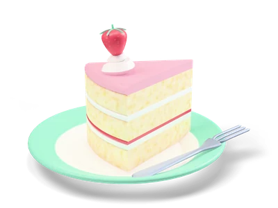 Slice of layer cake with pink frosting, cream rosette and strawberry on a white plate with a fork