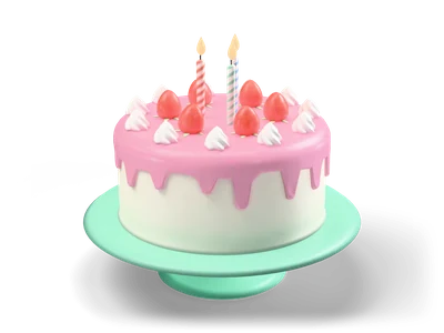 Round cake with pink drip glaze, cream rosettes, strawberries and three lit striped candles on a mint stand