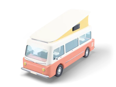 Coral and white retro camper van with a raised pop-up roof and a yellow tent on top