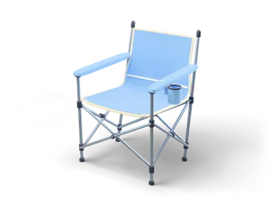 Sky blue folding camping chair with cream piping, padded armrests, cup holder and a grey scissor tube frame