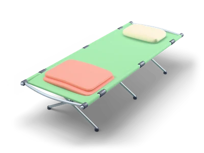 Forest green folding camping cot on a grey scissor leg frame with a cream pillow and a folded coral blanket