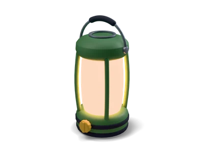 Green modern camping lantern with a glowing warm yellow light, four bars, a yellow dial and a grey metal handle