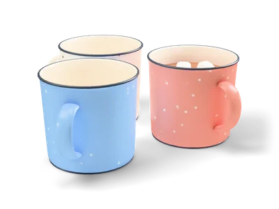 Three speckled enamel mugs in cream, coral and light blue, the coral one filled with cocoa and marshmallows