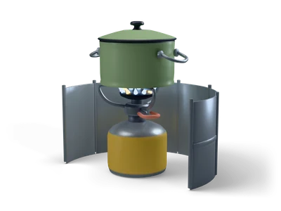 Small gas stove with a yellow canister and a green pot behind a curved silver windscreen
