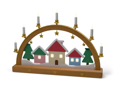Wooden candle arch with seven white candles and a painted village of pastel houses, fir trees and gold stars inside